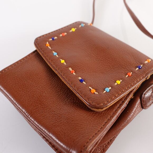 Fossil Handbags - Vintage Fossil Crossbody Bag Small Brown Leather Multi Color Beaded Stitching